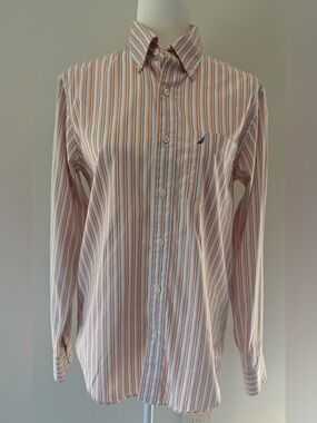 Nautica Men's Button-Down Striped Dress Shirt — White with Orange & Blue Stripes